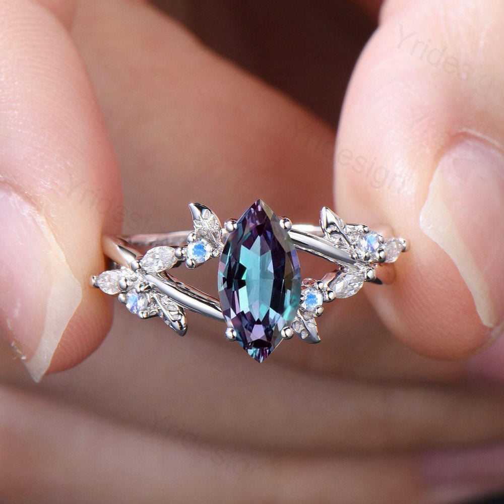 Natural Inspired Marquise Alexandrite Engagement Ring Unique Leaves Branch Color Change Ring Cluster Moonstone Split Shank Twig Wedding Ring - PENFINE