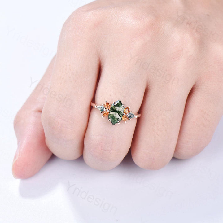 Unique long hexagon natural moss agate engagement ring vintage cluster marquise citrine kite green agate wedding ring anniversary gift women - PENFINE