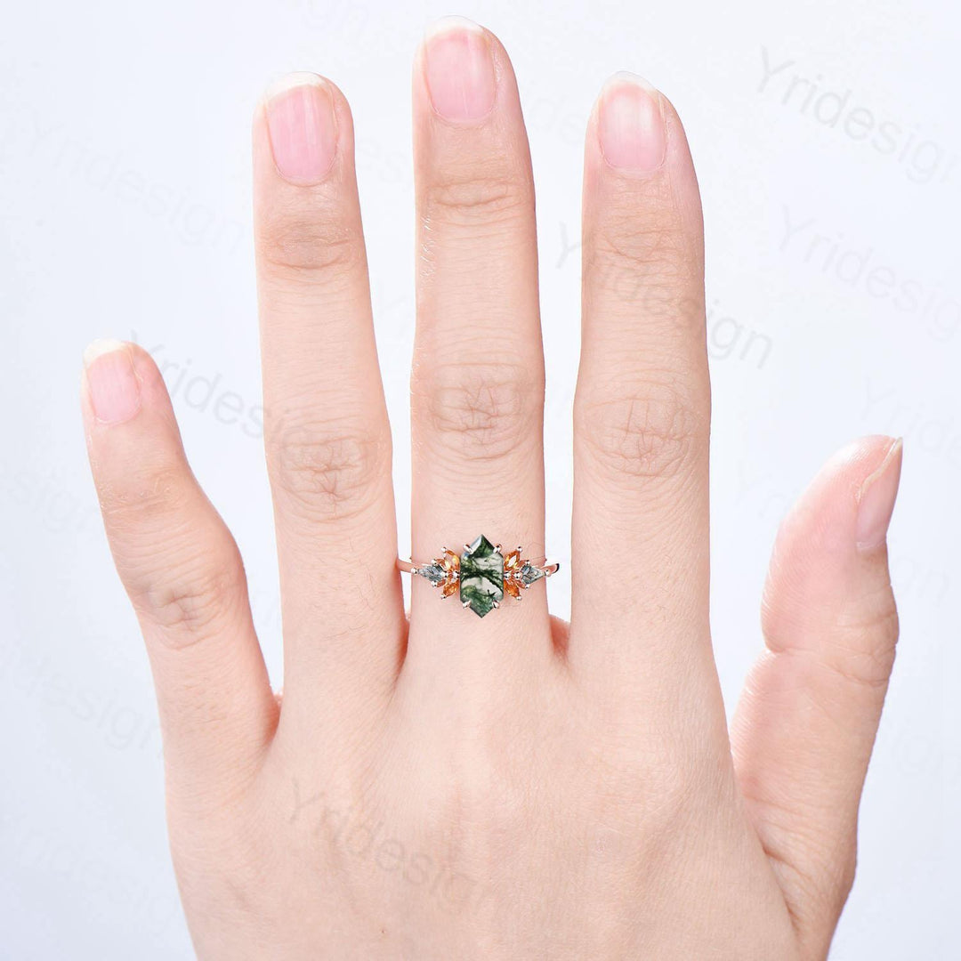 Unique long hexagon natural moss agate engagement ring vintage cluster marquise citrine kite green agate wedding ring anniversary gift women - PENFINE