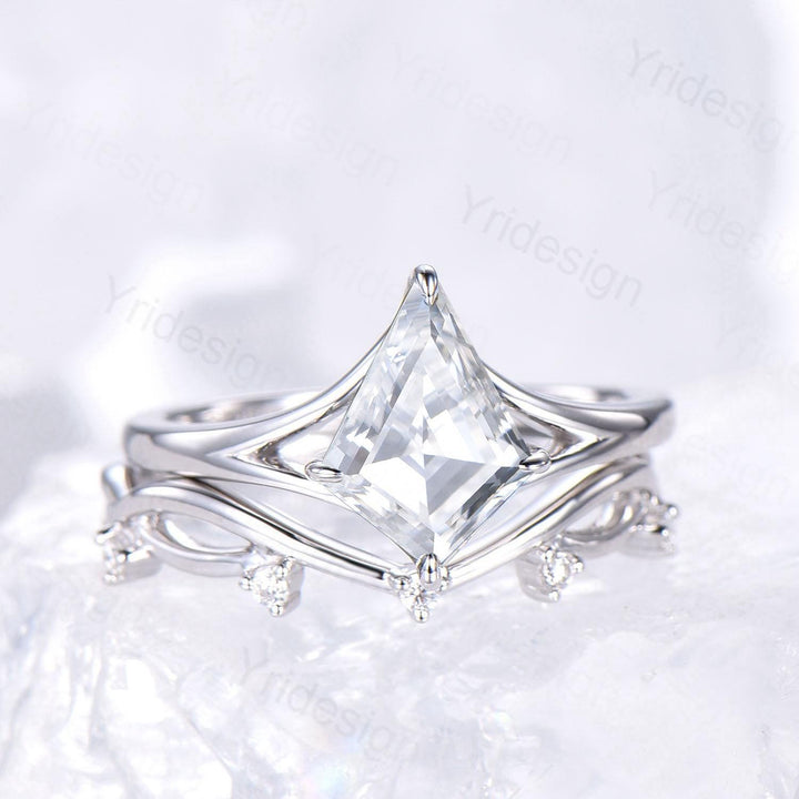 Split shank Kite cut moissanite bridal ring set vintage colorless moissanite engagement ring set art deco wedding anniversary gift for women - PENFINE