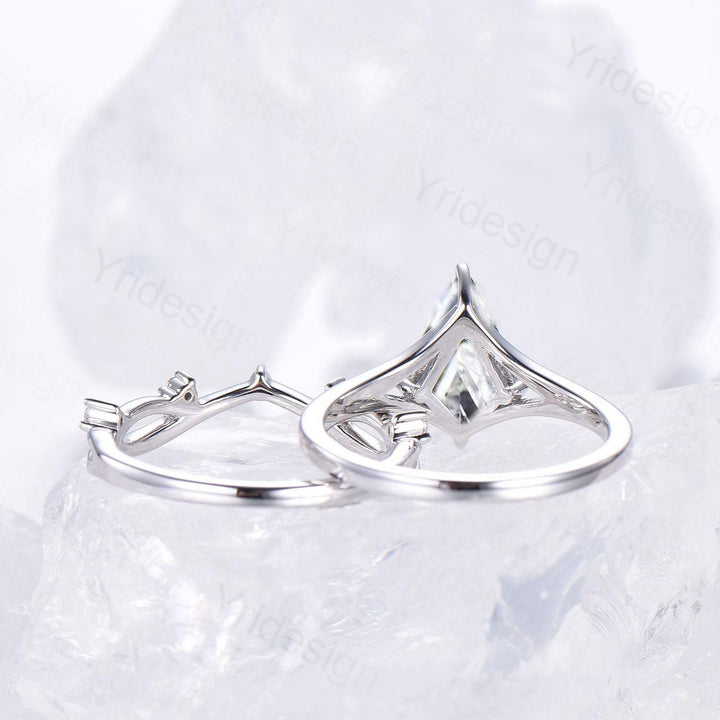 Split shank Kite cut moissanite bridal ring set vintage colorless moissanite engagement ring set art deco wedding anniversary gift for women - PENFINE