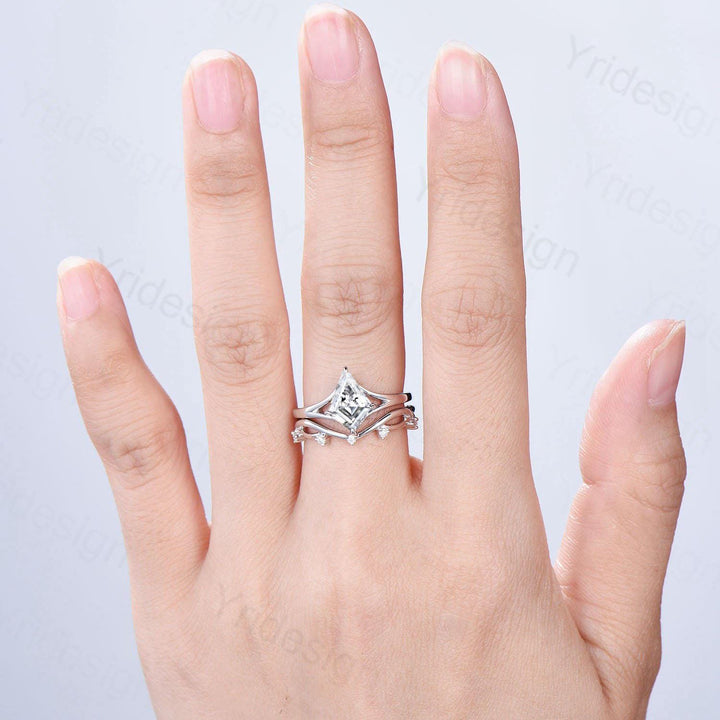 Split shank Kite cut moissanite bridal ring set vintage colorless moissanite engagement ring set art deco wedding anniversary gift for women - PENFINE