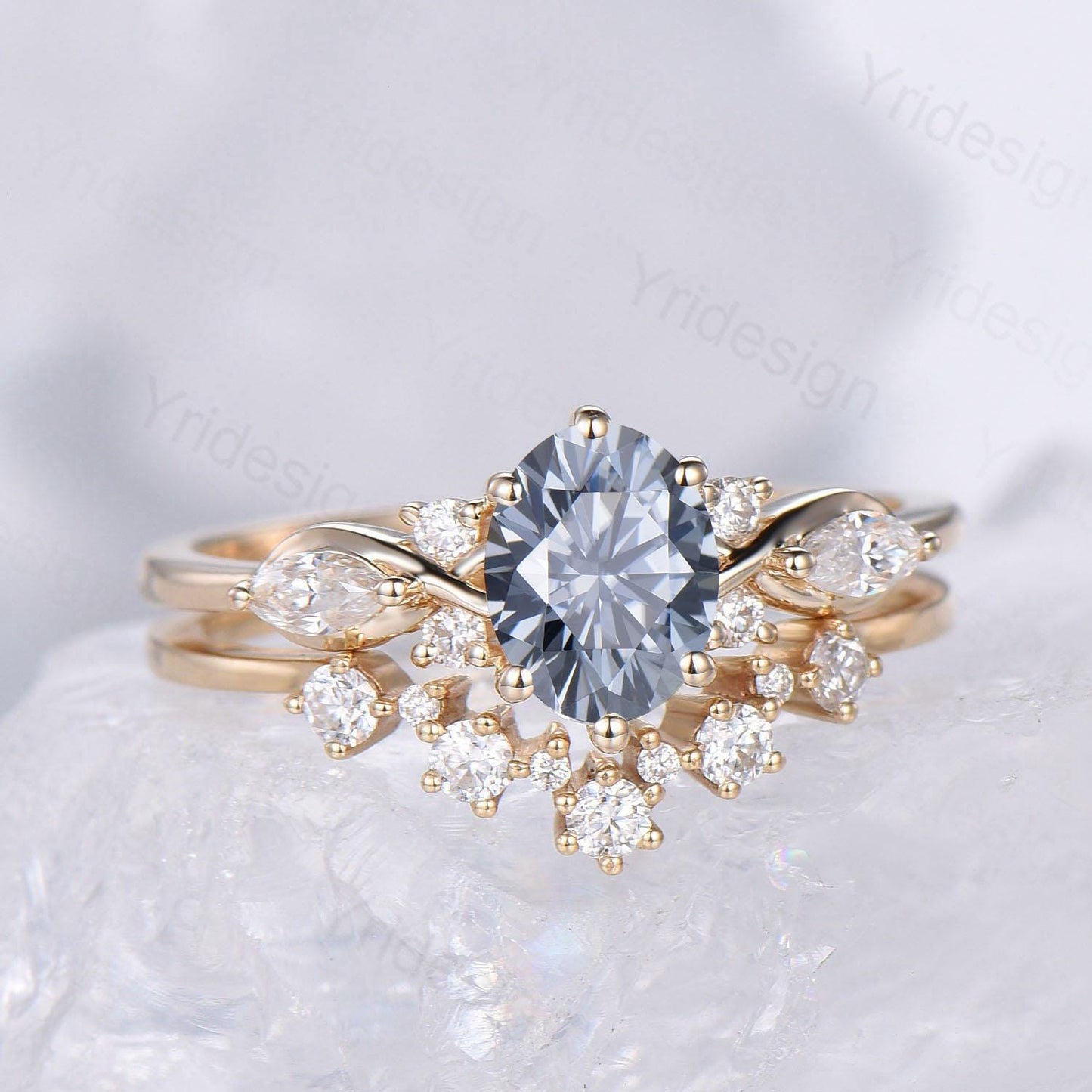 1 Carat Oval Gray Moissanite Engagement Ring Set, Cluster Marquise Moissanite Diamond Bridal Ring Set Unique Twisted Moissanite Bridal Set - PENFINE