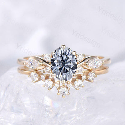 1 Carat Oval Gray Moissanite Engagement Ring Set, Cluster Marquise Moissanite Diamond Bridal Ring Set Unique Twisted Moissanite Bridal Set - PENFINE