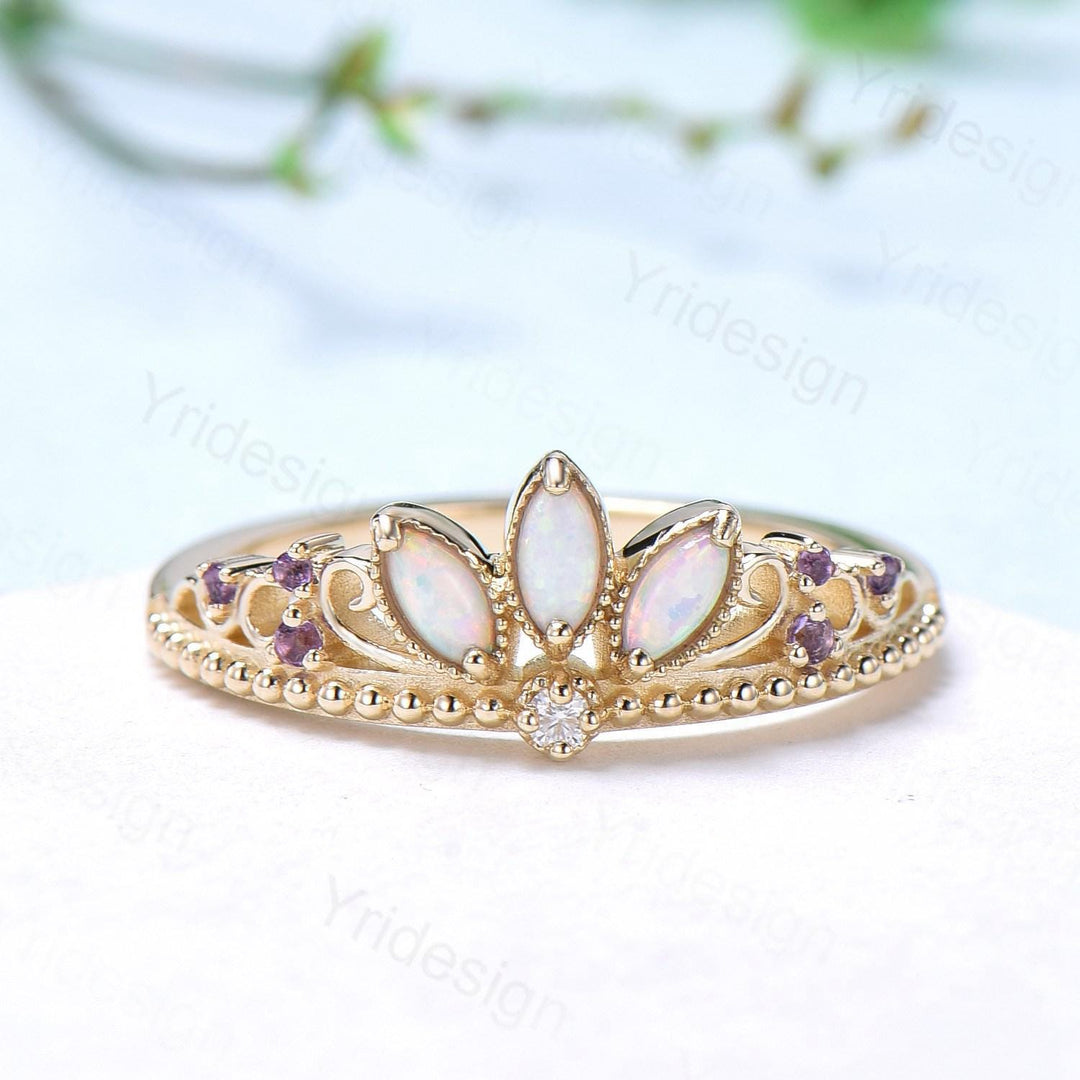 Unique Crown Opal Wedding Band 14K Yellow Gold Art Deco White Opal Stacking Wedding Ring October Birthstone Stacking Band Anniversary gift - PENFINE