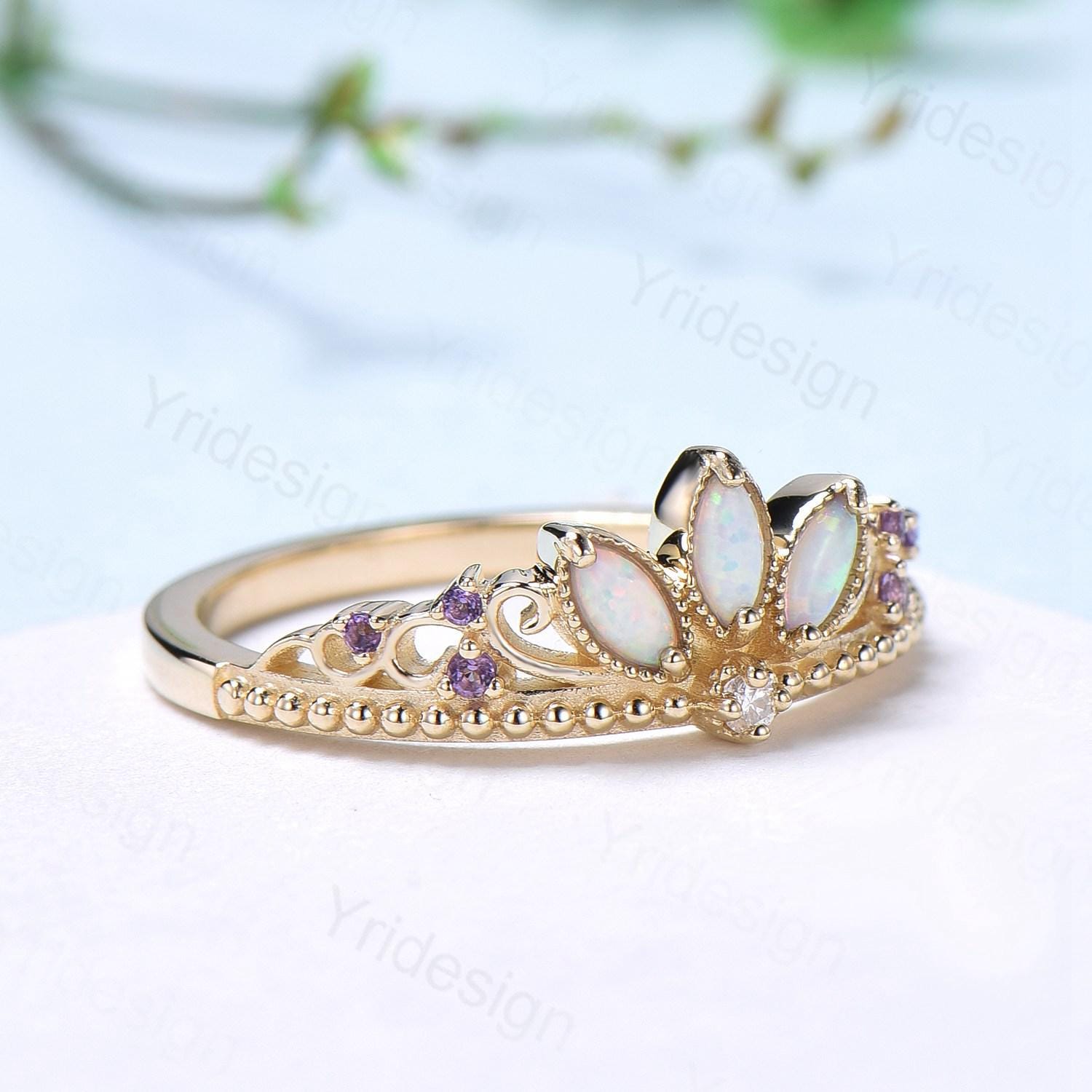 Unique Crown Opal Wedding Band 14K Yellow Gold Art Deco White Opal Stacking Wedding Ring October Birthstone Stacking Band Anniversary gift - PENFINE