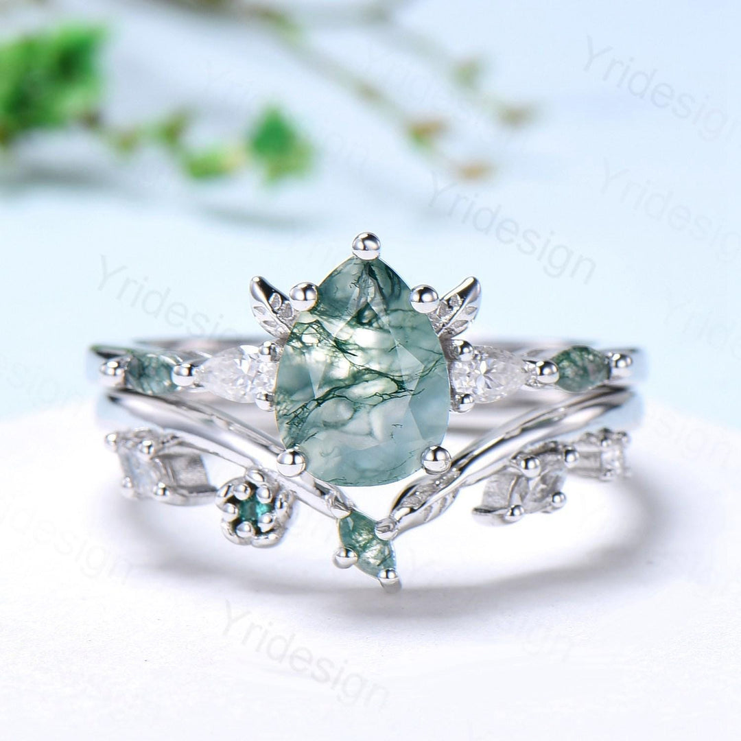 Unique Pear Shaped Natural Green Moss Agate Engagement Ring Set Devil Five Stone Nature Inspired Agate Leaf Flower Bridal Ring Set for Women - PENFINE