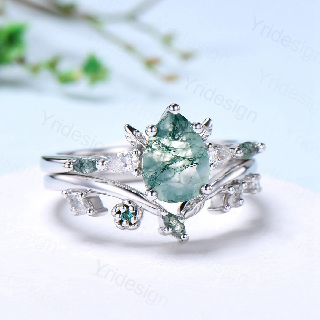 Unique Pear Shaped Natural Green Moss Agate Engagement Ring Set Devil Five Stone Nature Inspired Agate Leaf Flower Bridal Ring Set for Women - PENFINE