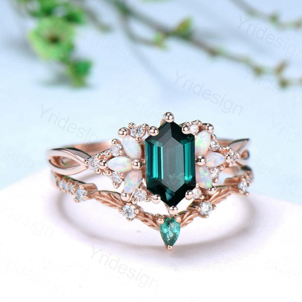 Vintage long hexagon emerald wedding ring set rose gold vintage emerald split shank engagement ring rose gold infinity bridal set for women - PENFINE