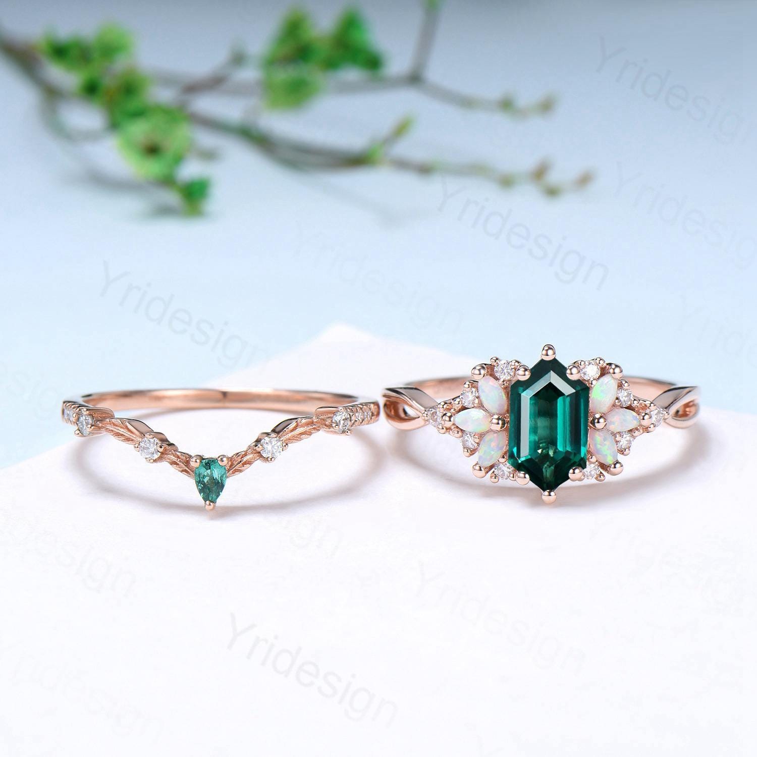 Vintage long hexagon emerald wedding ring set rose gold vintage emerald split shank engagement ring rose gold infinity bridal set for women - PENFINE