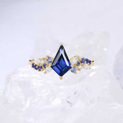 Unique kite cut sapphire ring set Cluster moissanite Vintage blue sapphire engagement ring wedding set elegant anniversary bridal set women - PENFINE