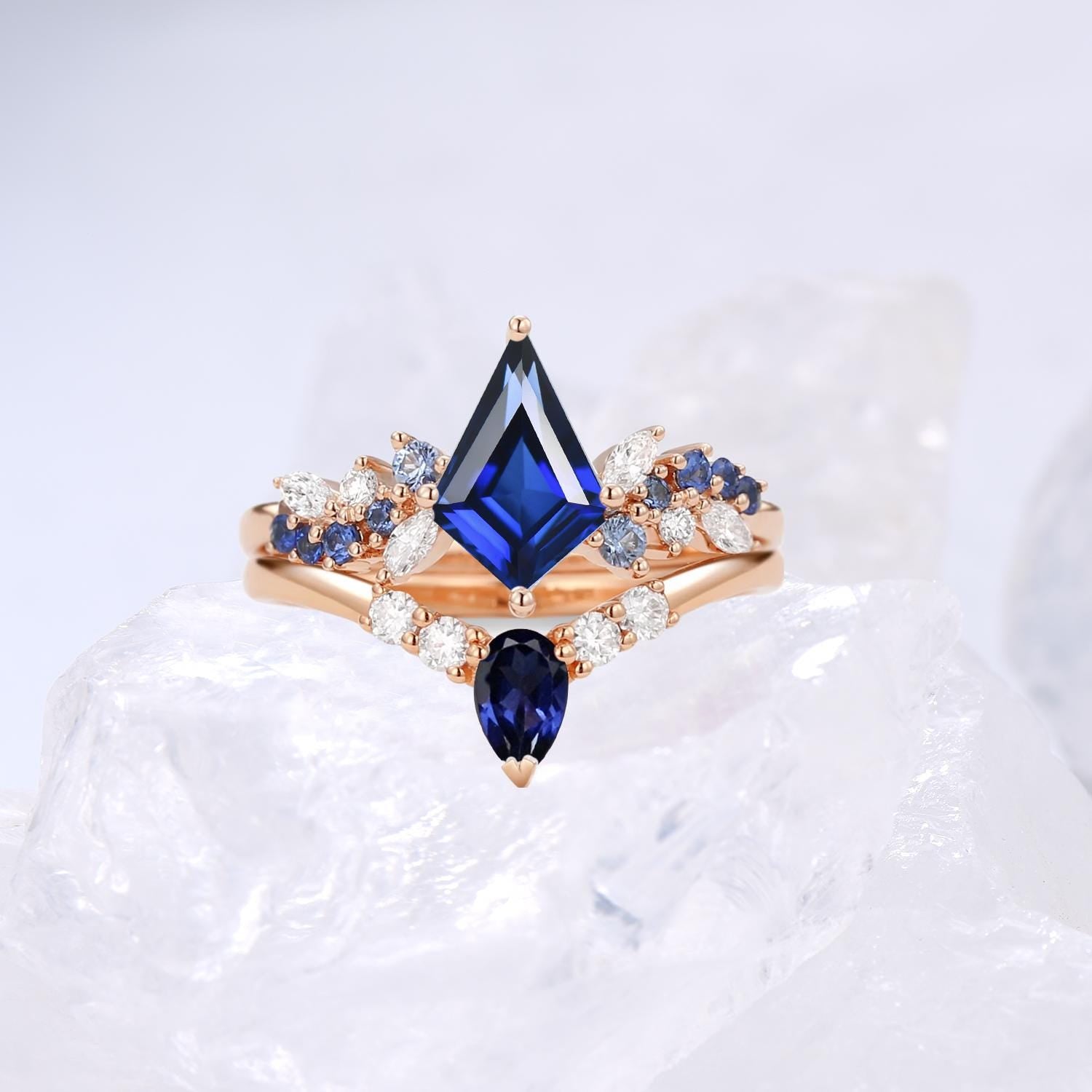 Unique kite cut sapphire ring set Cluster moissanite Vintage blue sapphire engagement ring wedding set elegant anniversary bridal set women - PENFINE