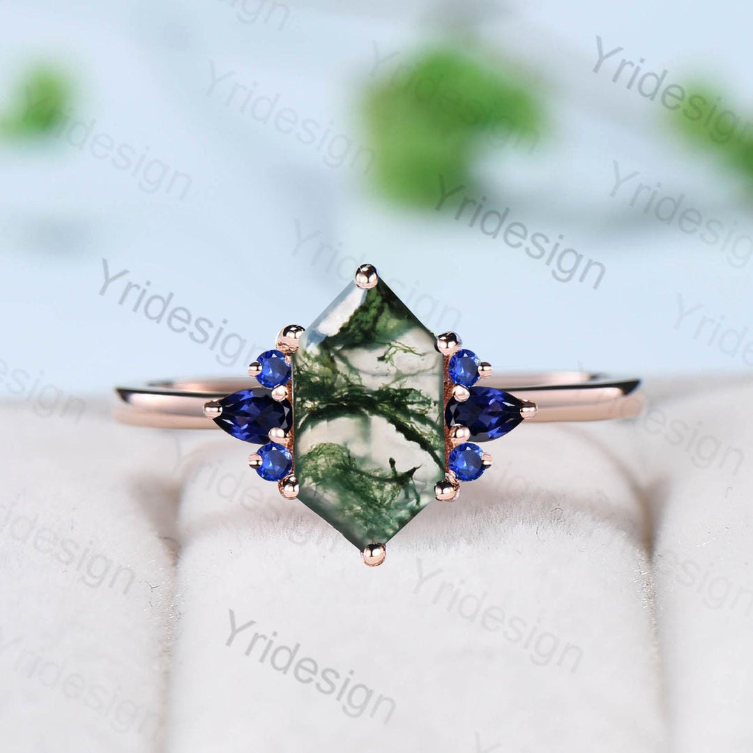 Vintage Long Hexagon cut moss agate cluster pear shaped sapphire Green Agate engagement ring art deco anniversary gift ring for women - PENFINE