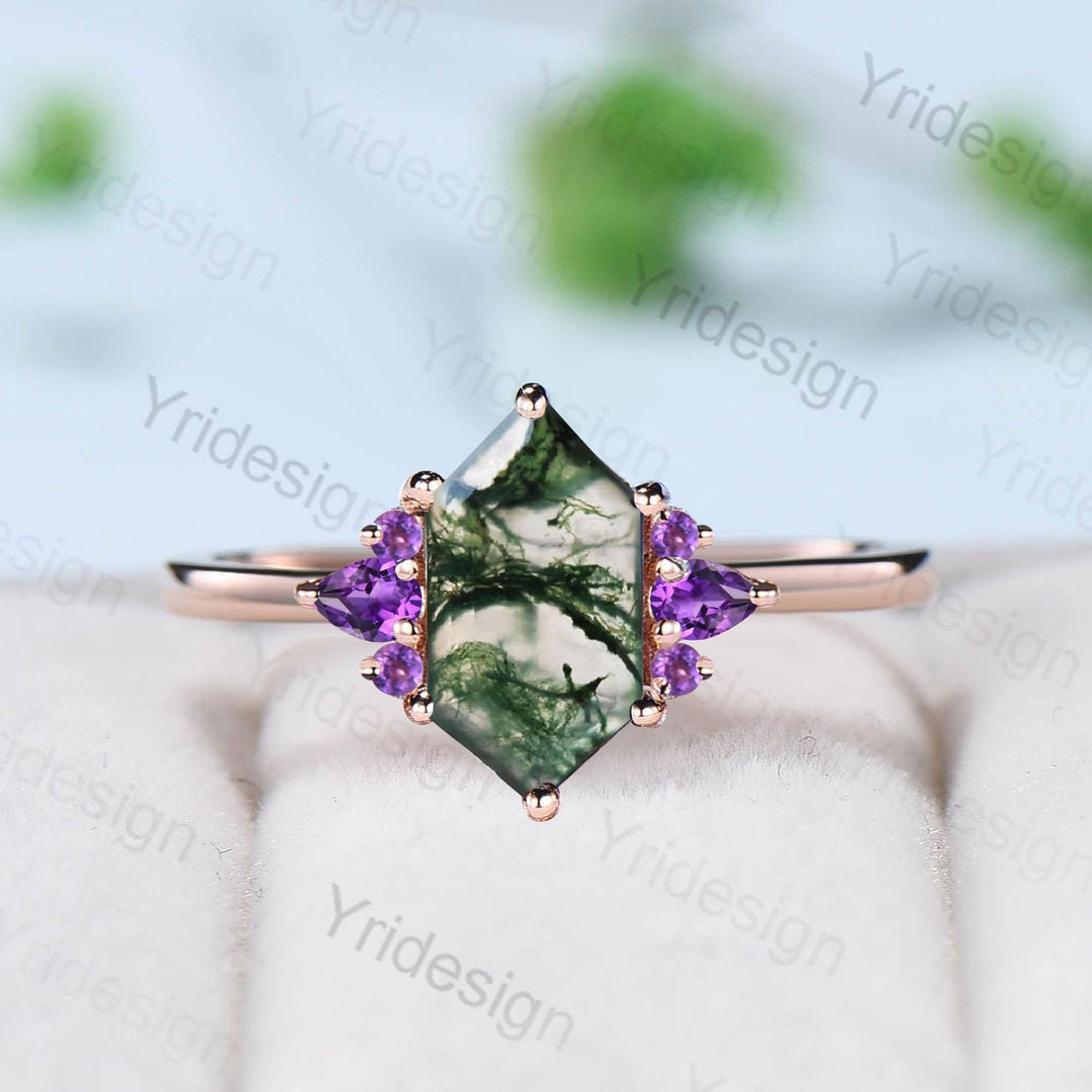 Vintage Long Hexagon cut moss agate cluster pear shaped sapphire Green Agate engagement ring art deco anniversary gift ring for women - PENFINE