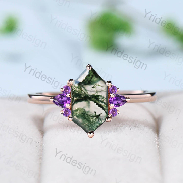 Vintage Long Hexagon cut moss agate cluster pear shaped sapphire Green Agate engagement ring art deco anniversary gift ring for women - PENFINE