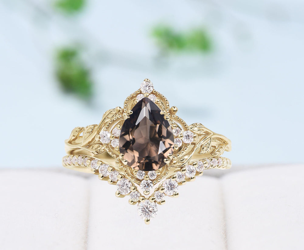 Natural inspired smoky quartz engagement ring set art deco cluster moissanite bridal wedding ring set Unique anniversary promise ring gift - PENFINE