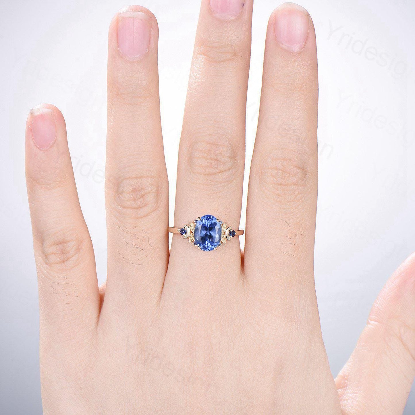 Unique Oval Natural Tanzanite Engagement Ring Cluster Sapphire Moon Wedding Ring Floral 14K Yellow Gold Handmade Anniversary Proposal Gift - PENFINE