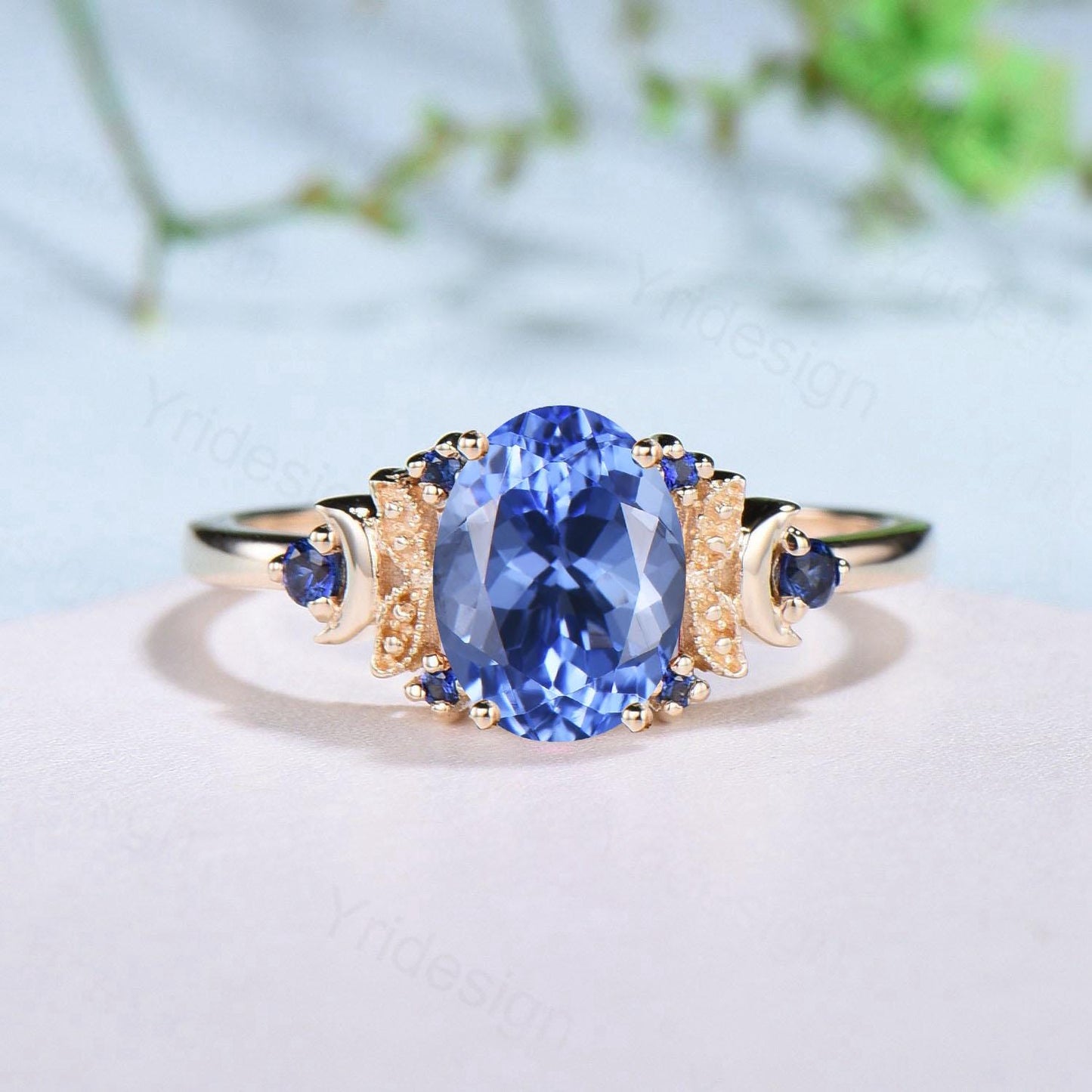 Unique Oval Natural Tanzanite Engagement Ring Cluster Sapphire Moon Wedding Ring Floral 14K Yellow Gold Handmade Anniversary Proposal Gift - PENFINE