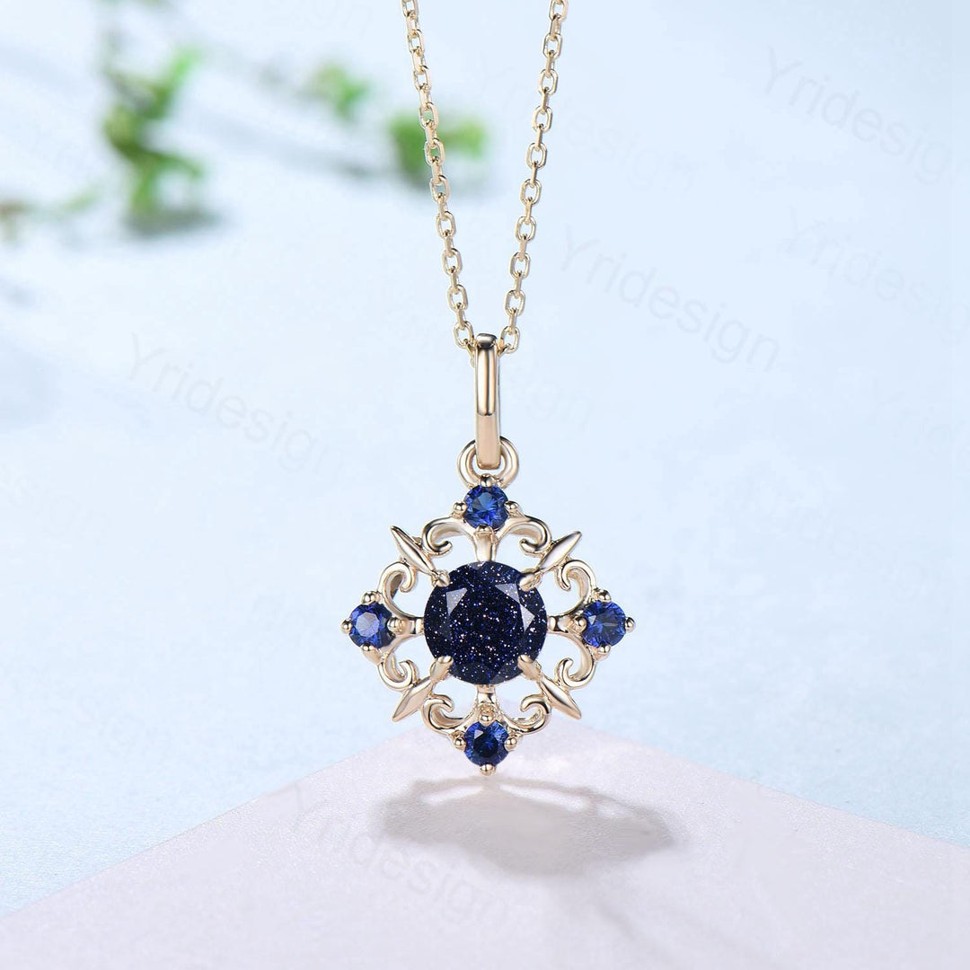 Vintage Magic Blue Sandstone Necklace Unique Nature Halo Blue  Sapphire Pendant  Silver 14K/18K Yellow Gold Necklace For Women Birthday Gift - PENFINE