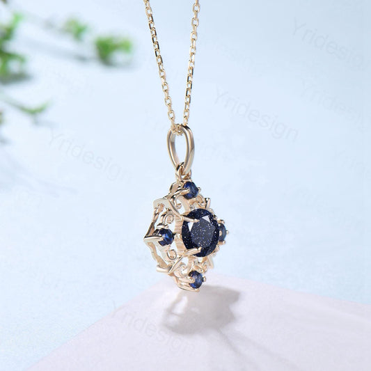 Vintage Magic Blue Sandstone Necklace Unique Nature Halo Blue Sapphire Pendant Silver 14K/18K Yellow Gold Necklace For Women Birthday Gift - PENFINE