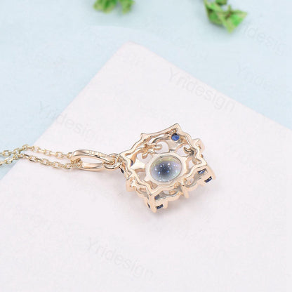 Vintage Magic Blue Sandstone Necklace Unique Nature Halo Blue  Sapphire Pendant  Silver 14K/18K Yellow Gold Necklace For Women Birthday Gift - PENFINE