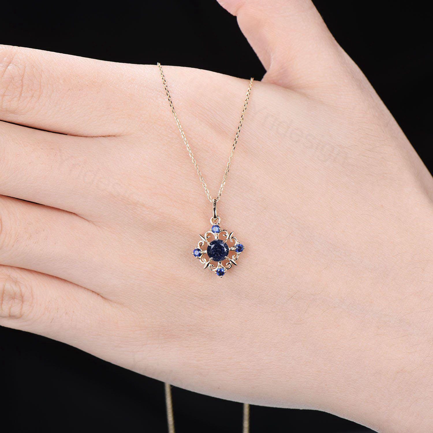 Vintage Magic Blue Sandstone Necklace Unique Nature Halo Blue  Sapphire Pendant  Silver 14K/18K Yellow Gold Necklace For Women Birthday Gift - PENFINE