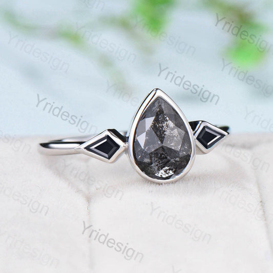 Bezel Set Salt And Pepper Diamond Engagement Ring Pear Shaped Minimalist Kite Black Spinel Wedding Ring Women Three Stone Anniversary Ring - PENFINE
