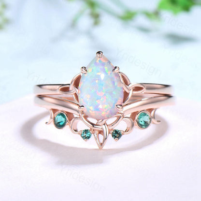 Celtic Knot White Opal Bridal Ring Set, 6x9mm Pear Shaped Fire Opal Engagement Ring Set, Emerald Stacking Matching Band, Anniversary Gift - PENFINE