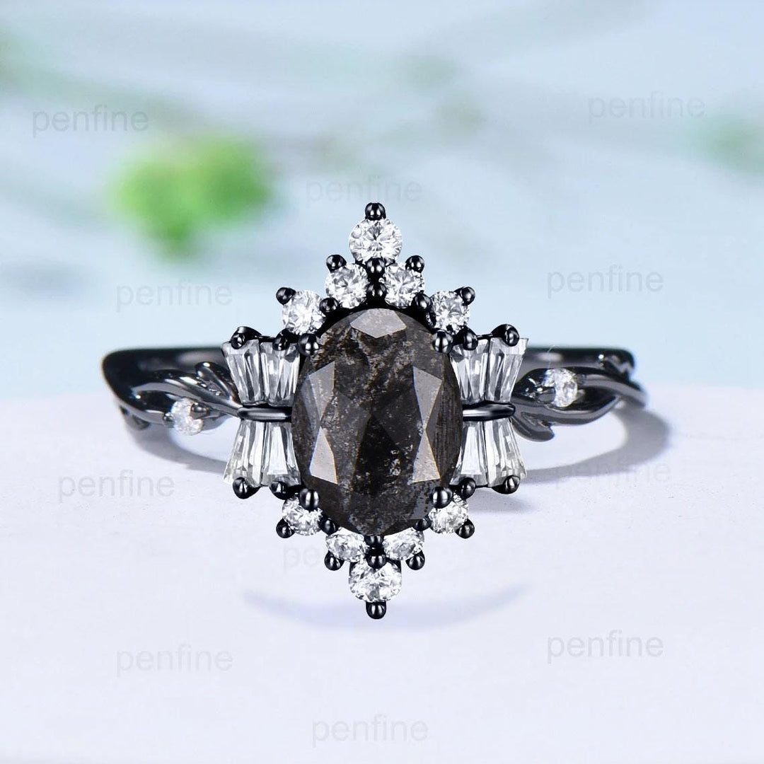 Unique Oval Salt And Pepper Diamond Ring Black Gold Vintage Luxury Pepper Diamond Engagement Ring Twig Vine Promise Ring Anniversary Gift - PENFINE