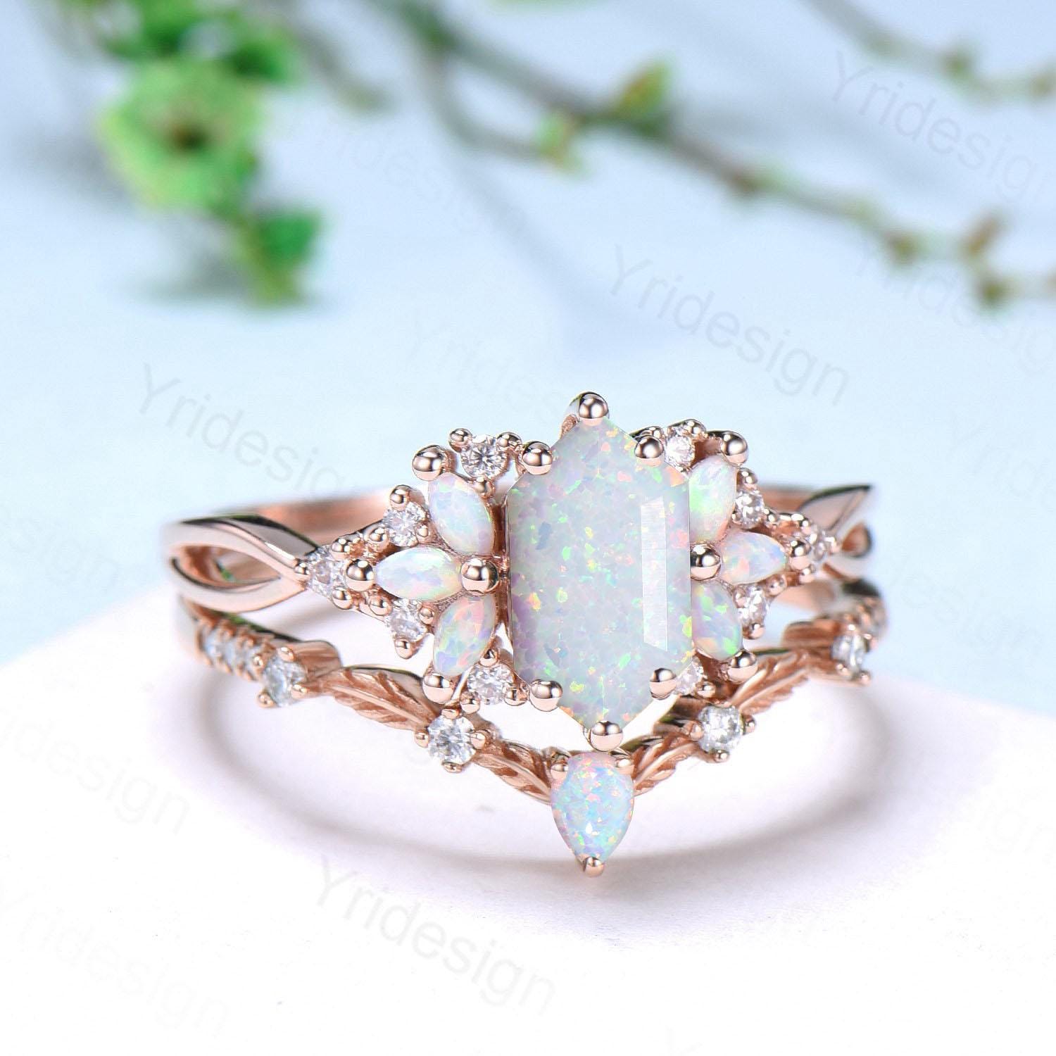 Vintage long hexagon white opal wedding ring set rose gold vintage opal engagement ring rose gold infinity split shank bridal set for women - PENFINE