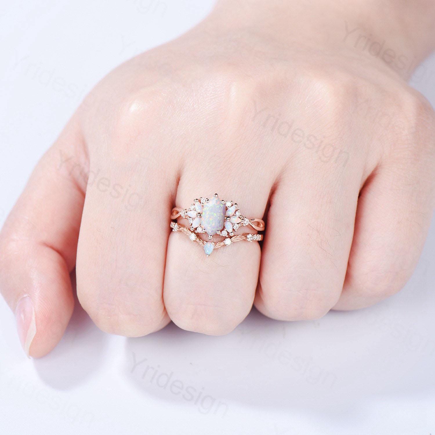 Vintage long hexagon white opal wedding ring set rose gold vintage opal engagement ring rose gold infinity split shank bridal set for women - PENFINE