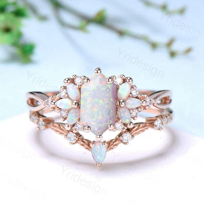 Vintage long hexagon white opal wedding ring set rose gold vintage opal engagement ring rose gold infinity split shank bridal set for women - PENFINE