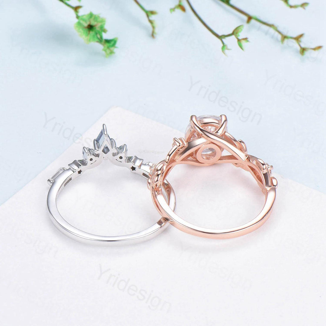 1.5CT Oval Salt And Pepper Diamond Engagement Ring Set Nature Inspired Wedding Set Unique Moon Star Stacking Matching Band Anniversary Gift - PENFINE