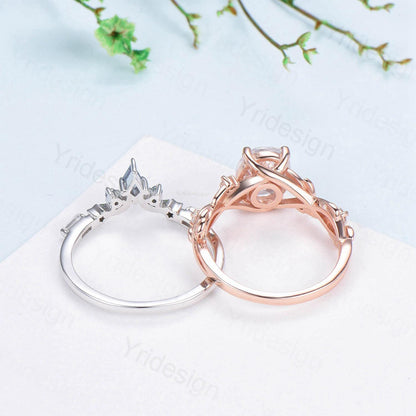 1.5CT Oval Salt And Pepper Diamond Engagement Ring Set Nature Inspired Wedding Set Unique Moon Star Stacking Matching Band Anniversary Gift - PENFINE