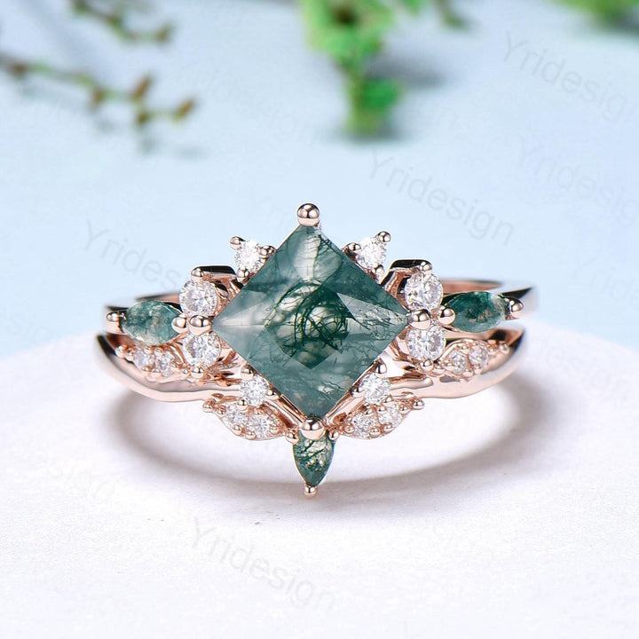 Vintage 2CT Princess Cut Green Moss Agate Engagement Ring Cluster Nature Marquise Green Gemstone Ring Set 2pcs Bridal Ring 14K Rose Gold Set - PENFINE