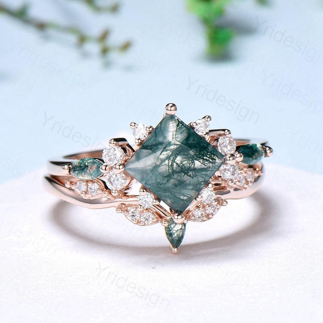 Vintage 2CT Princess Cut Green Moss Agate Engagement Ring Cluster Nature Marquise Green Gemstone Ring Set 2pcs Bridal Ring 14K Rose Gold Set - PENFINE