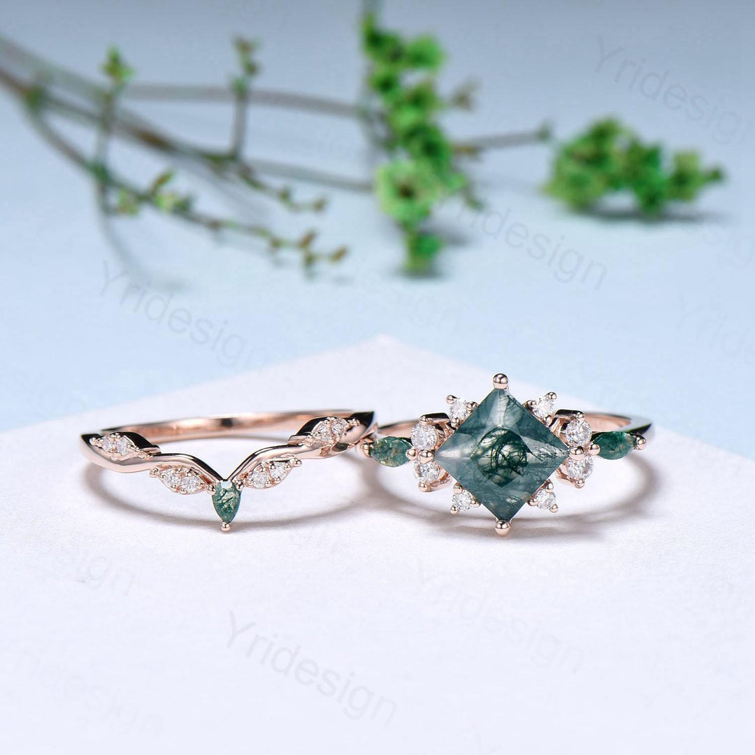 Vintage 2CT Princess Cut Green Moss Agate Engagement Ring Cluster Nature Marquise Green Gemstone Ring Set 2pcs Bridal Ring 14K Rose Gold Set - PENFINE