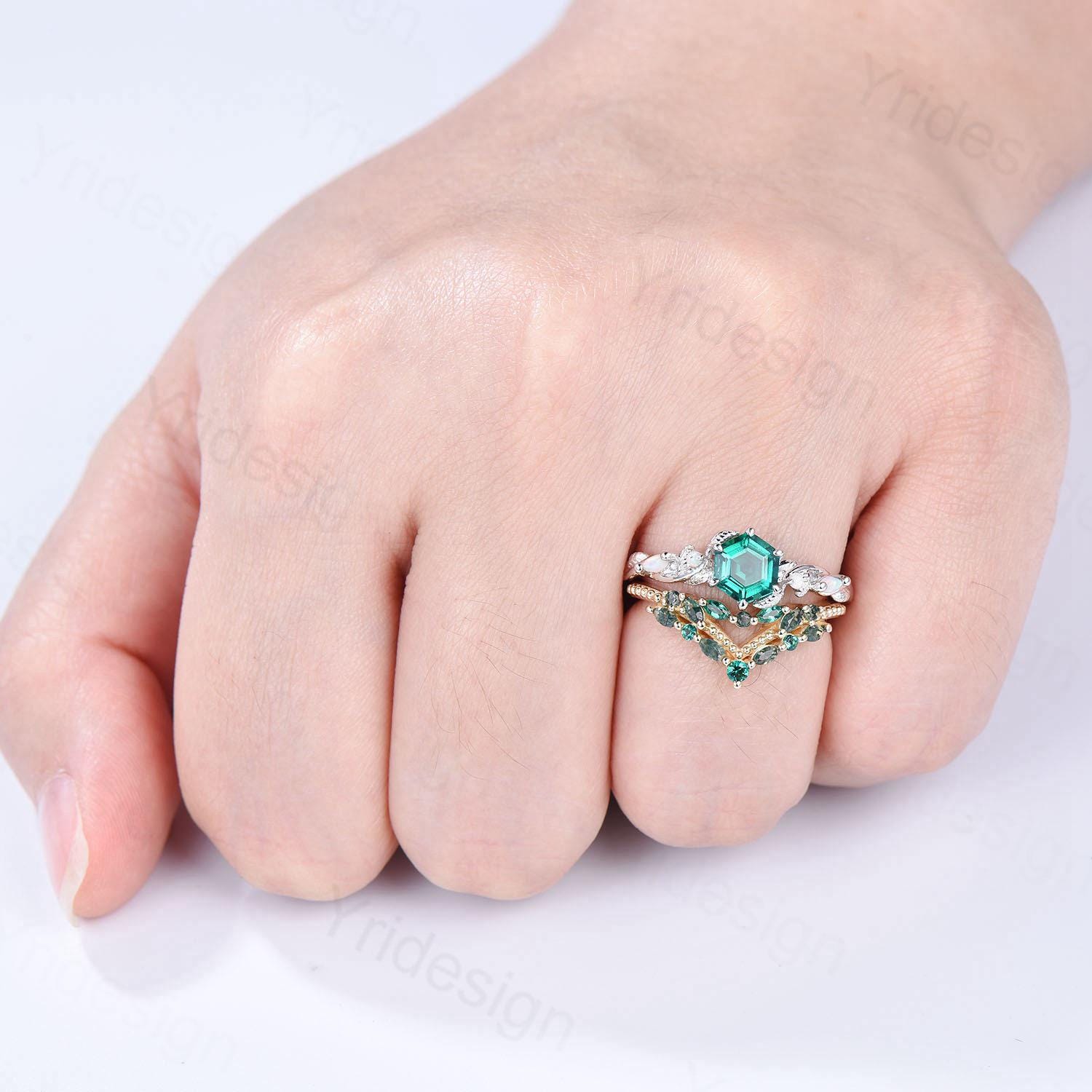 Unique hexagon cut emerald wedding set, Nature Inspired opal emerald engagement ring set, curved moss agate stacking band bridal set women - PENFINE