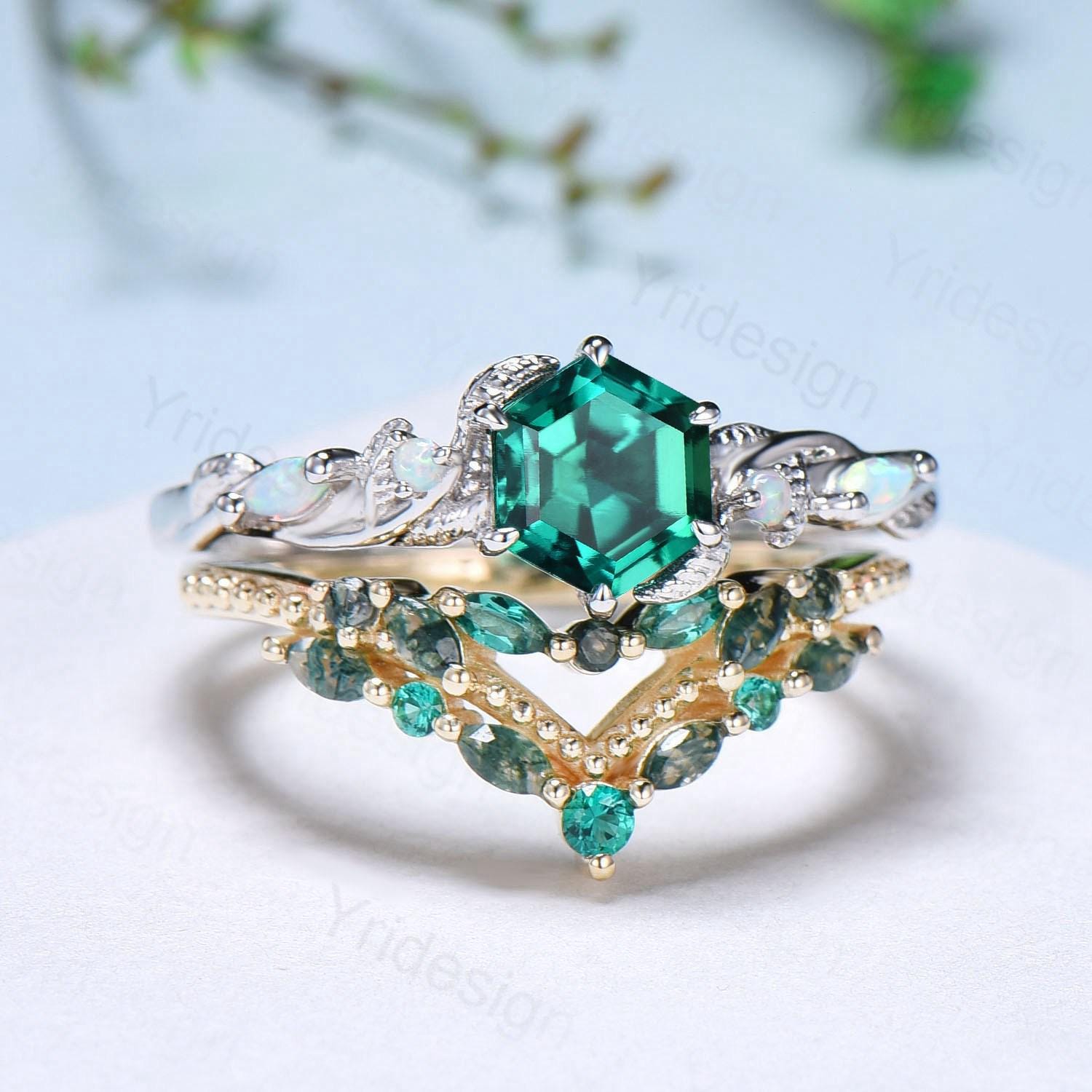 Unique hexagon cut emerald wedding set, Nature Inspired opal emerald engagement ring set, curved moss agate stacking band bridal set women - PENFINE