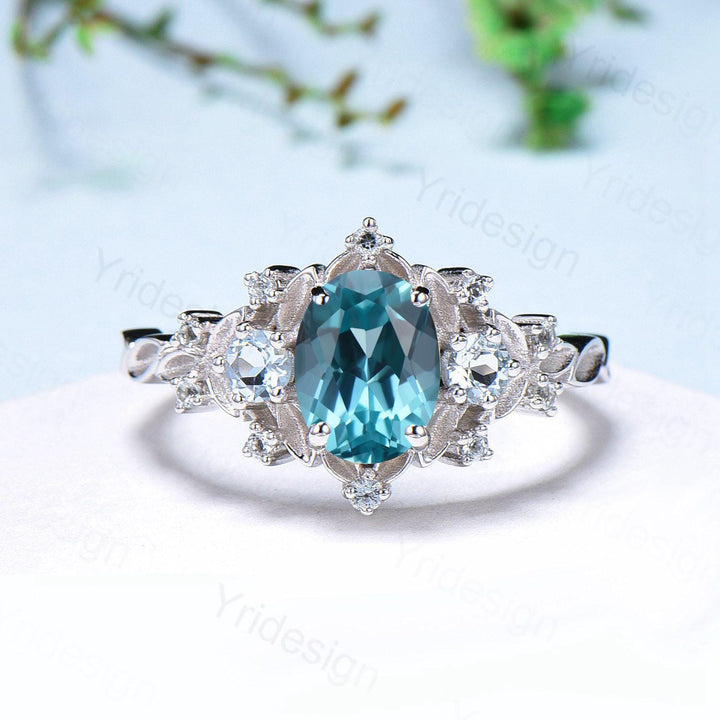 Unique oval blue paraiba engagement ring Nature Inspired silver white gold leaf engagement ring cluster aquamarine wedding band ring women - PENFINE