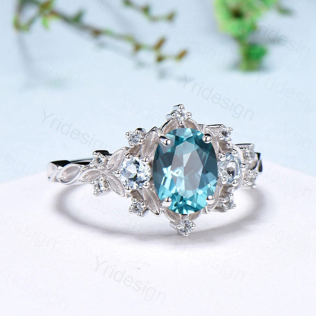 Unique oval blue paraiba engagement ring Nature Inspired silver white gold leaf engagement ring cluster aquamarine wedding band ring women - PENFINE