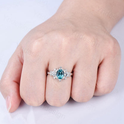 Unique oval blue paraiba engagement ring Nature Inspired silver white gold leaf engagement ring cluster aquamarine wedding band ring women - PENFINE