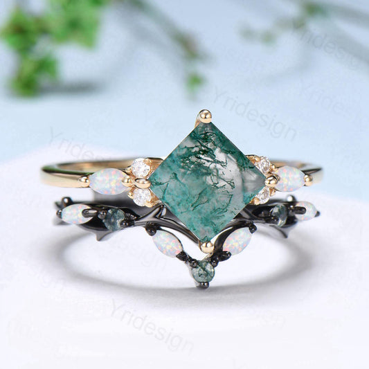 Vintage Princess Moss Agate Engagement Ring Set Cluster Opal Band Wedding Set Unique Black Gold Green Agate Opal Stacking Band Bridal Set - PENFINE