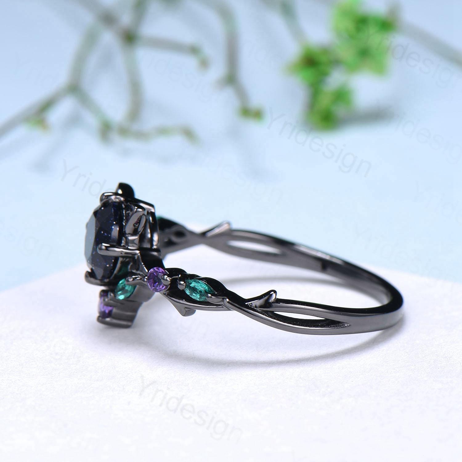 Unique Cat Alexandrite Ring Black Gold Color Change Alexandrite Engagement Ring Animal Inspired Amethyst Emerald Band Anniversary Ring Gift - PENFINE