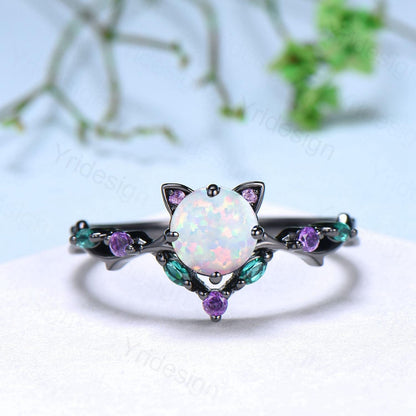 Unique Cat Fire Opal Engagement Ring Black Gold Round White Opal Animal Inspired Amethyst Emerald Band Promise Anniversary Ring Gift Women - PENFINE