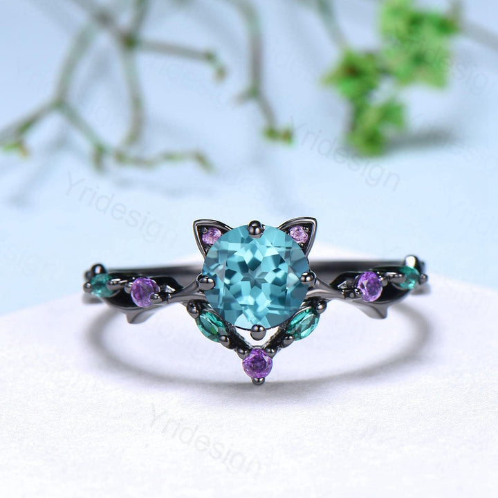 Unique Cat Ring Black Gold Paraíba Engagement Ring Black Gold Animal Inspired Amethyst Emerald Band Vintage Promise Anniversary Ring Women - PENFINE