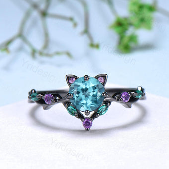 Unique Cat Ring Black Gold Para¨ªba Engagement Ring Black Gold Animal Inspired Amethyst Emerald Band Vintage Promise Anniversary Ring Women - PENFINE