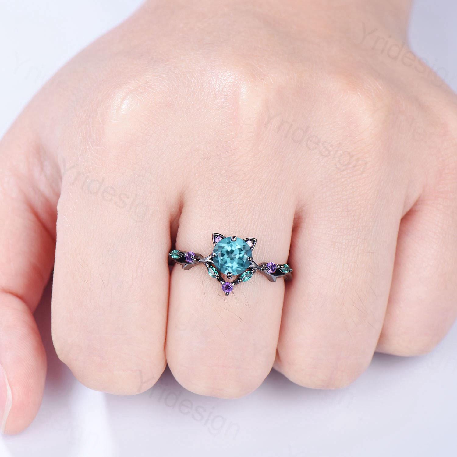 Unique Cat Ring Black Gold Paraíba Engagement Ring Black Gold Animal Inspired Amethyst Emerald Band Vintage Promise Anniversary Ring Women - PENFINE