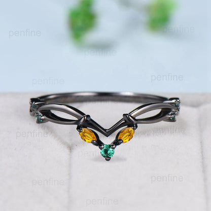 Unique Gothic Wedding Ring Black Gold Emerald Wedding Ring Marquise Citrine Emerald Stackable Matching Band Handmade Proposal Gifts Women - PENFINE