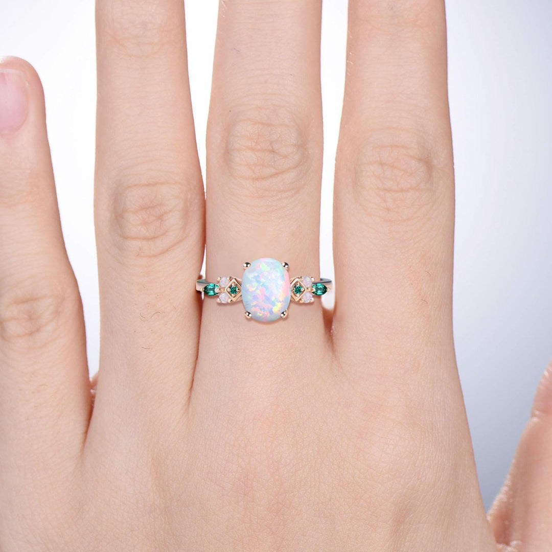 Vintage White Opal Engagement Ring Cluster Emerald Fire Opal Wedding Ring October Birthstone Bridal Ring Rose Gold Anniversary Ring Women - PENFINE